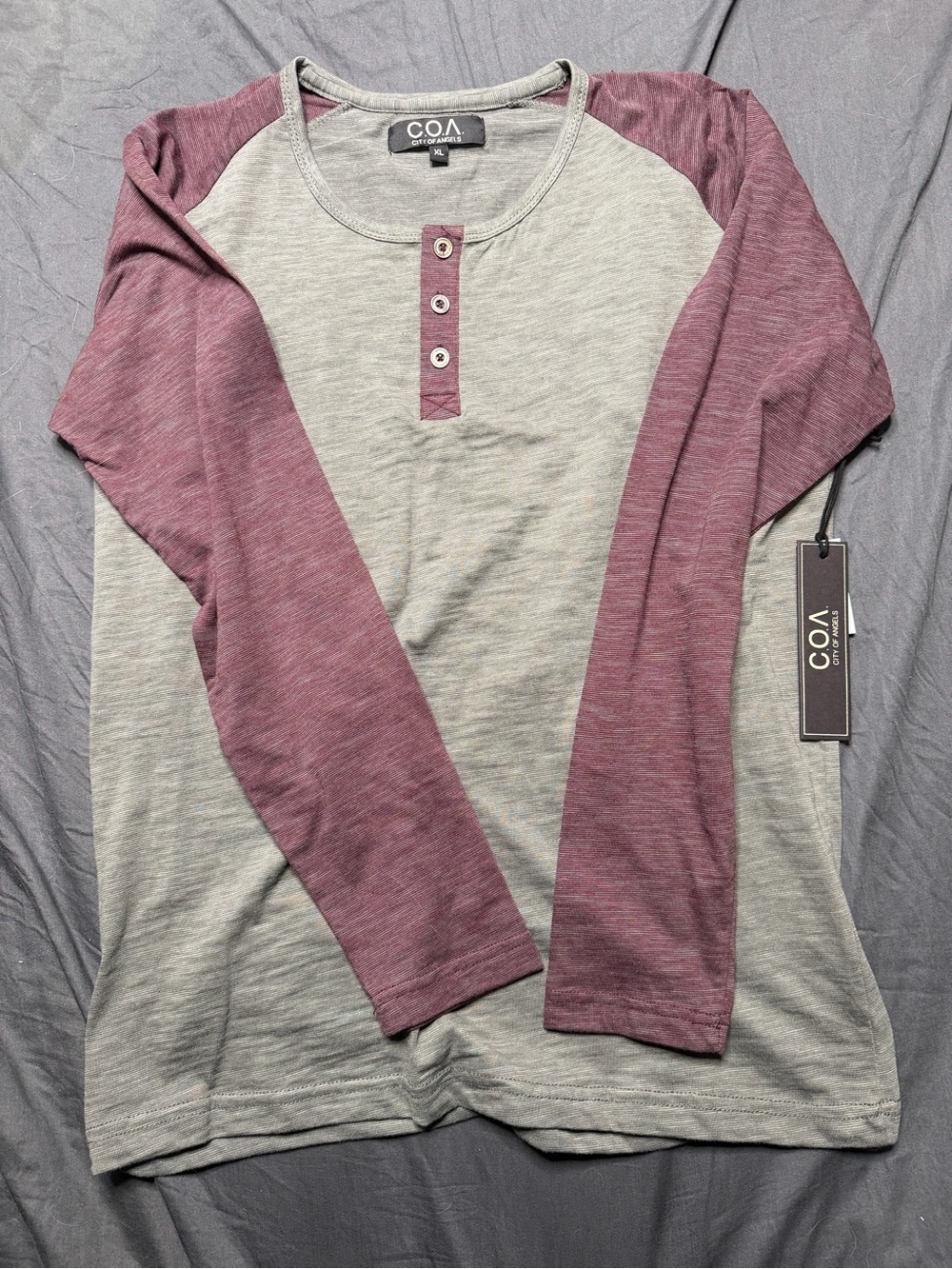 Two-Tone Long Sleeve Henley - Gray with Mauve Raglan Sleeves